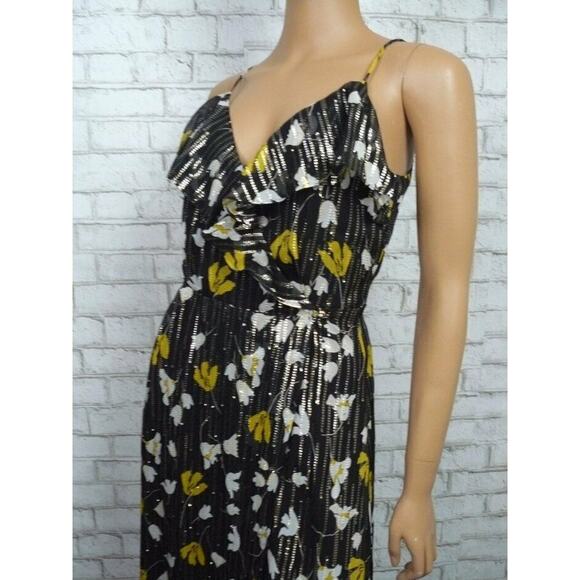 $448 Joie Kenny Black Floral Silk Metallic Stripe Ruffle Wrap Dress XS NWT - Picture 7 of 9